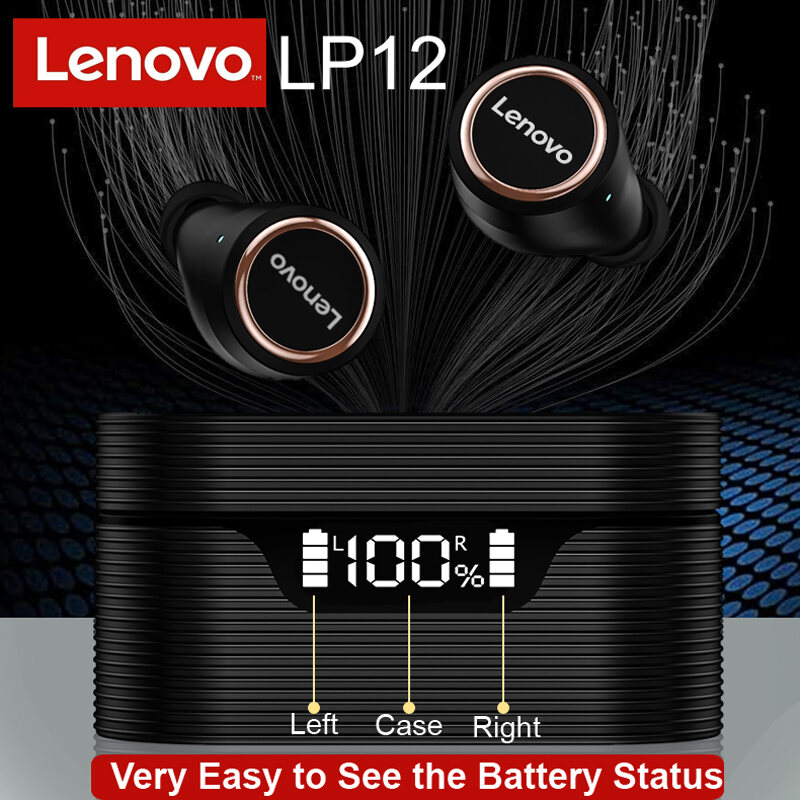 Lenovo LP12 TWS Bluetooth Earphones Bluetooth 5.0 HIFI Stereo Wireless Headphones Touch Control LED Display Headphones Noise Reduction Waterproof Headsets with Mic