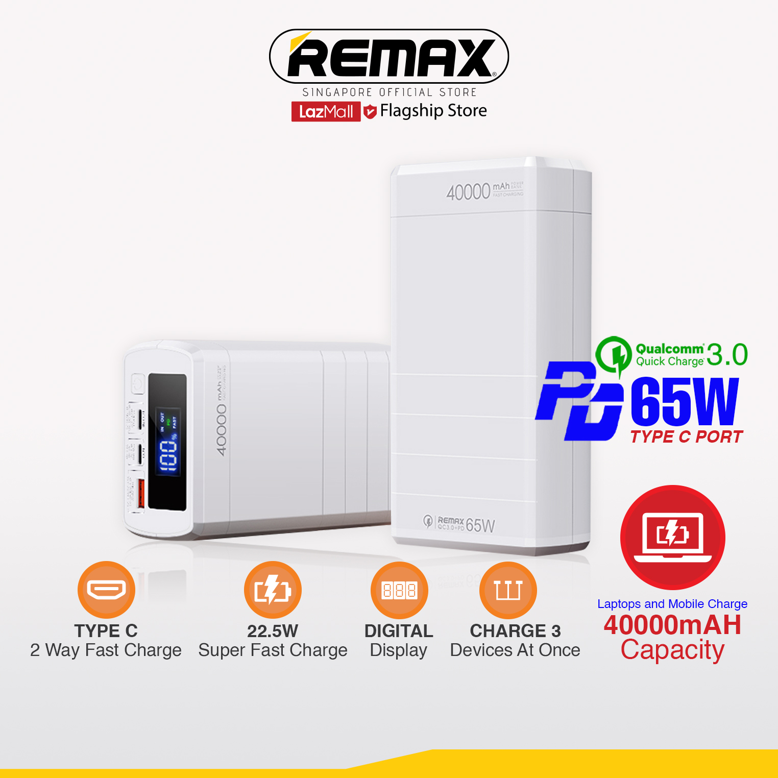[Remax Energy]  RPP-310 Dinba Series 40000mAH 65W + 22.5W Large Capacity Laptop / Mobile Phone  Multi Compatible Fast Charging Power Bank