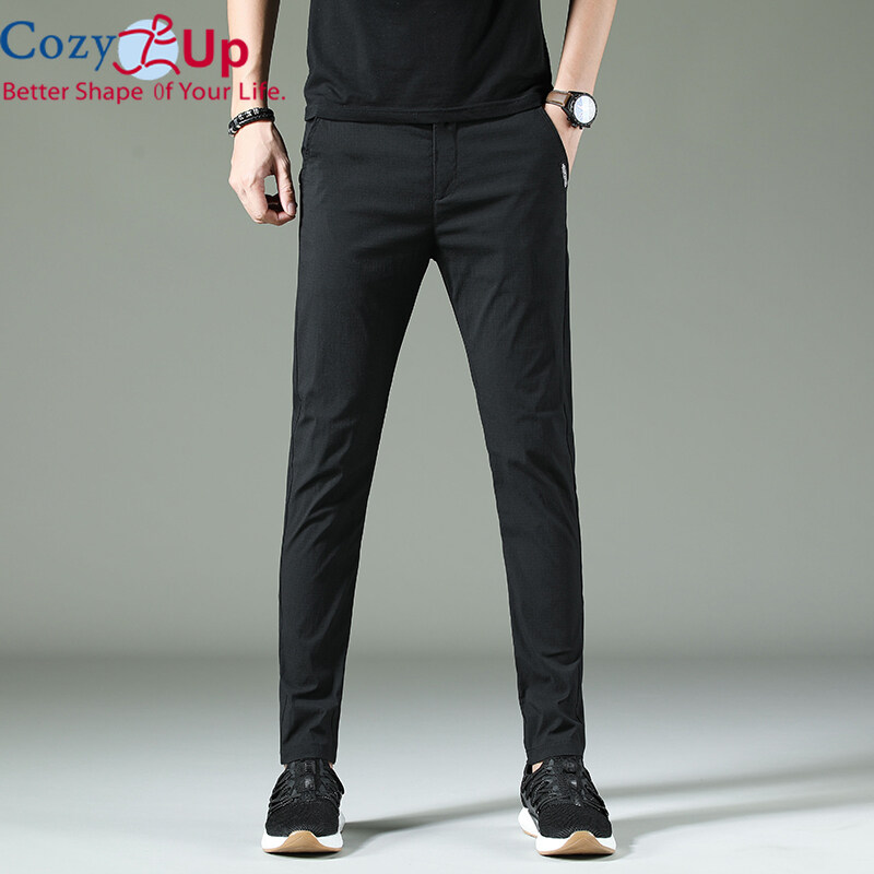 Cozy Up Men Long Trousers Solid Color Casual Straight Cotton Blended Soft Slim Fit