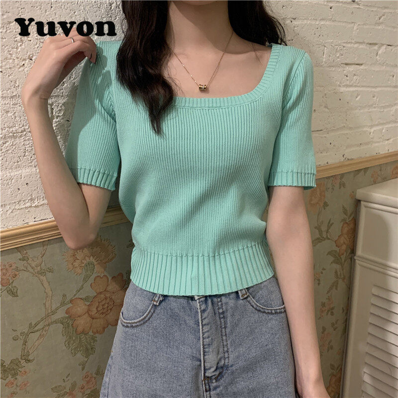 Yuvon Women simple square neck short-sleeved knit t-shirt blouse bottoming shirt solid color cropped tops