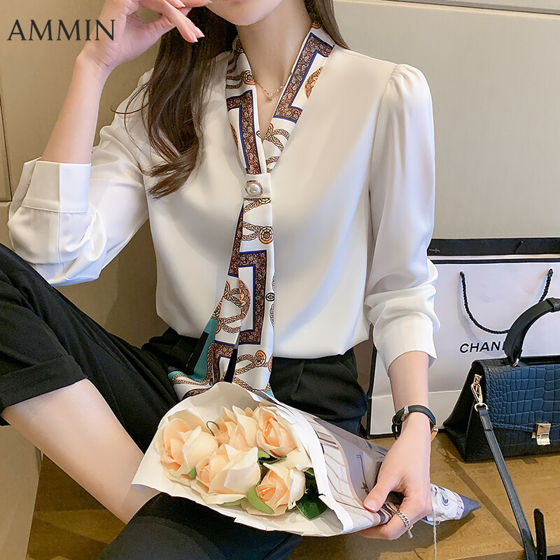 AMMIN Korean Style Slim All-match Chiffon Shirt For Women Long Sleeve V-neck Fashion Lace-up Top Lady Design Blouse