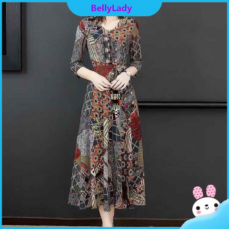 Women Summer V Neck Dress Retro Printing Three-quarter Sleeves Elegant Slim Fit High Waist Dress