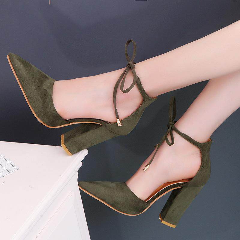 Women Plus Size Korean Trendy Fashion Pointed Suede Heels Sandals
