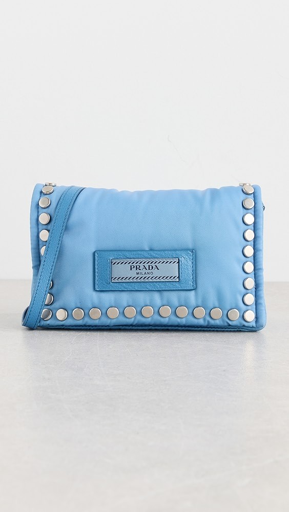 Prada Blue Nylon Studded Etiquette Wallet On Chain